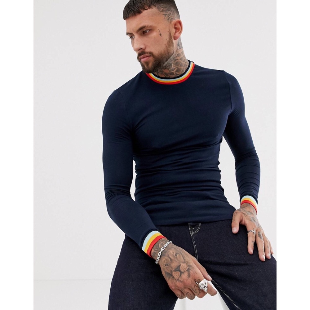 ASOS DESIGN muscle fit longline long sleeve t-shirt with rainbow tipping in navy